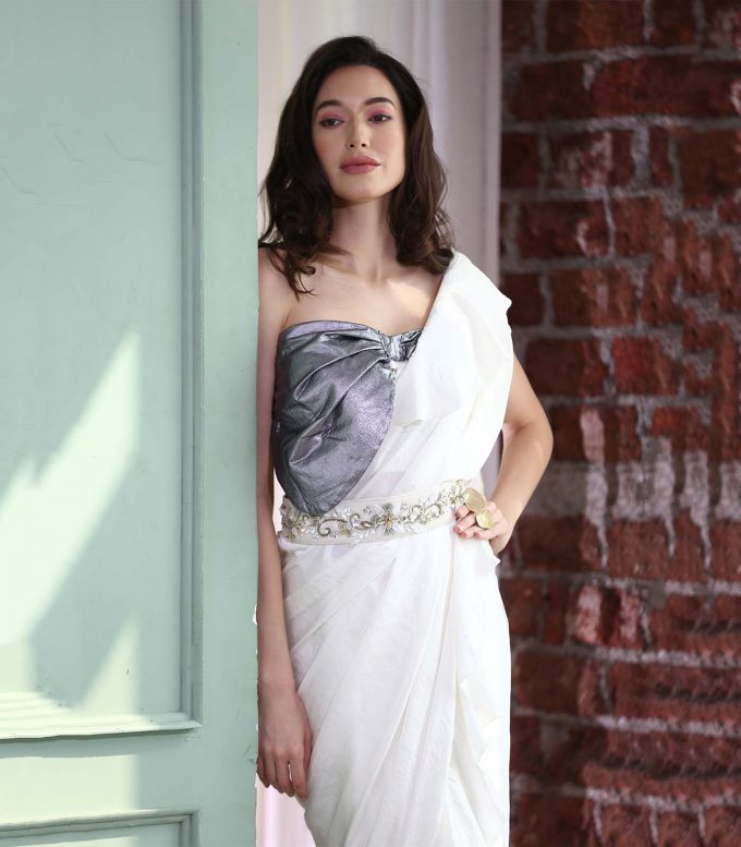 Ivory Saree with Metallic Corset Blouse