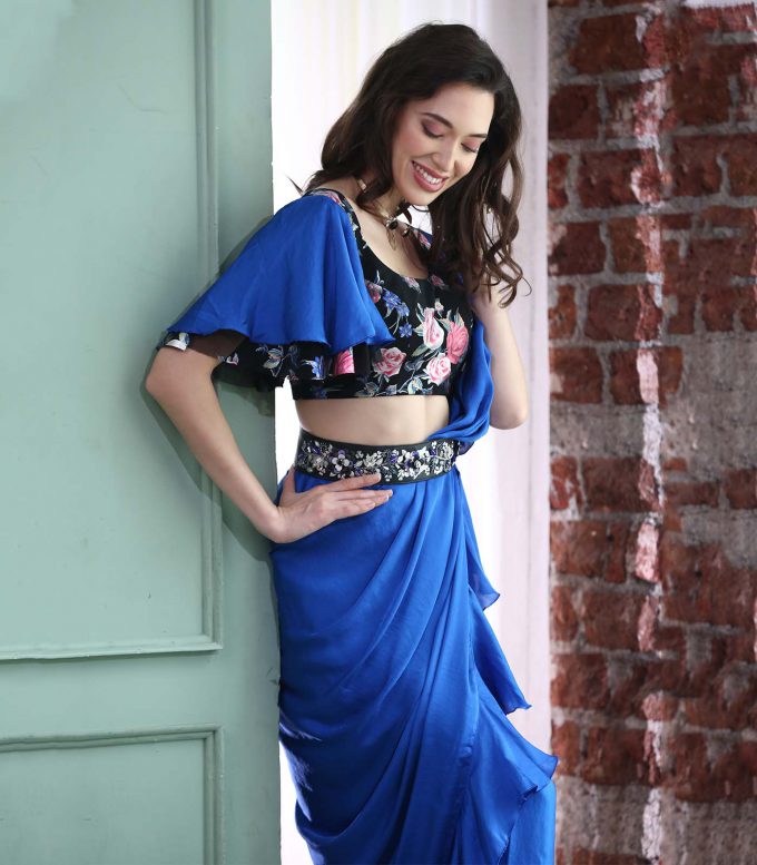 Royal Blue Frill Saree with Metallic Printed Blouse