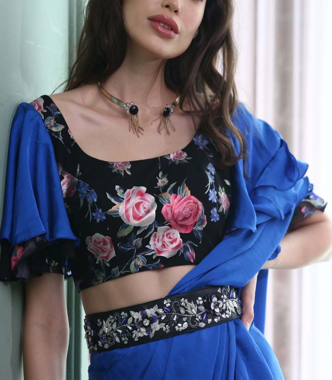 Royal Blue Frill Saree with Metallic Printed Blouse