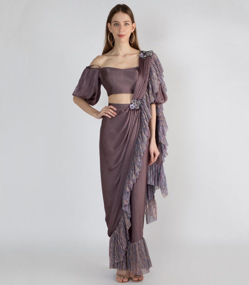 Violet Saree with Metallic Frill