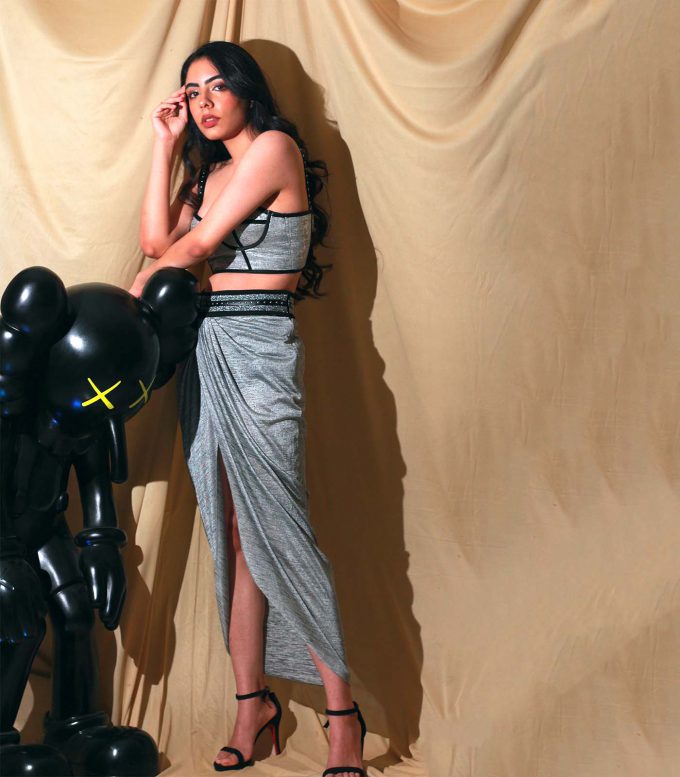 Gopika Midha Grey Jersey Corset & Draped Skirt Set