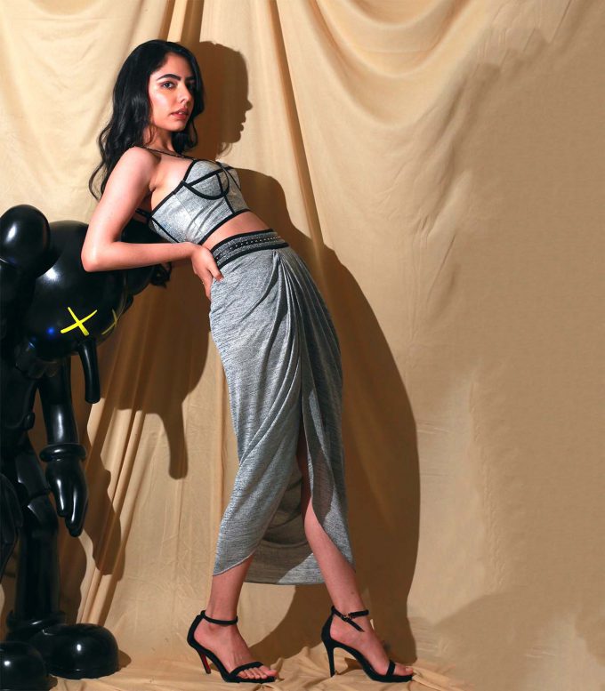 Gopika Midha Grey Jersey Corset & Draped Skirt Set