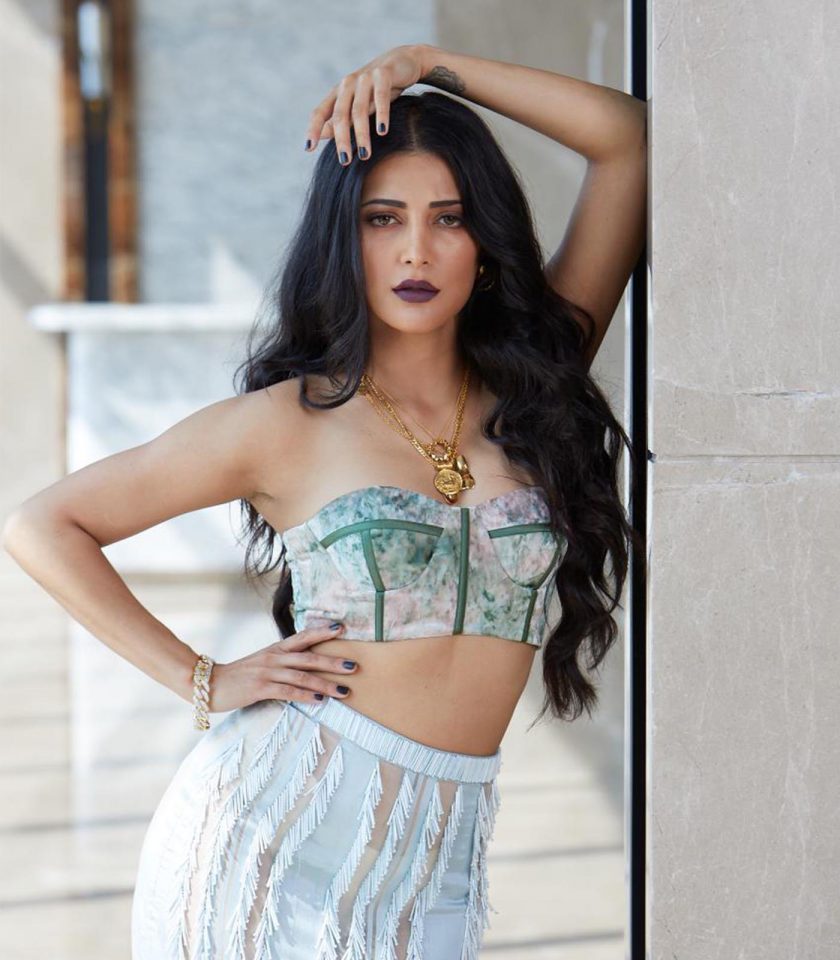 Shruti Haasan Green/Peach Cotton-Velvet Corset