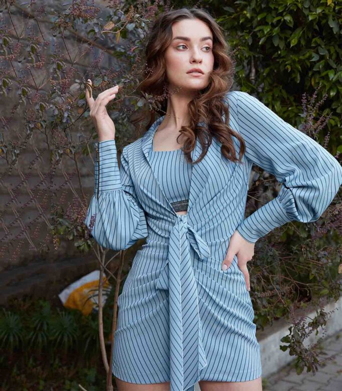 Sky Blue Pleated Striped Dress