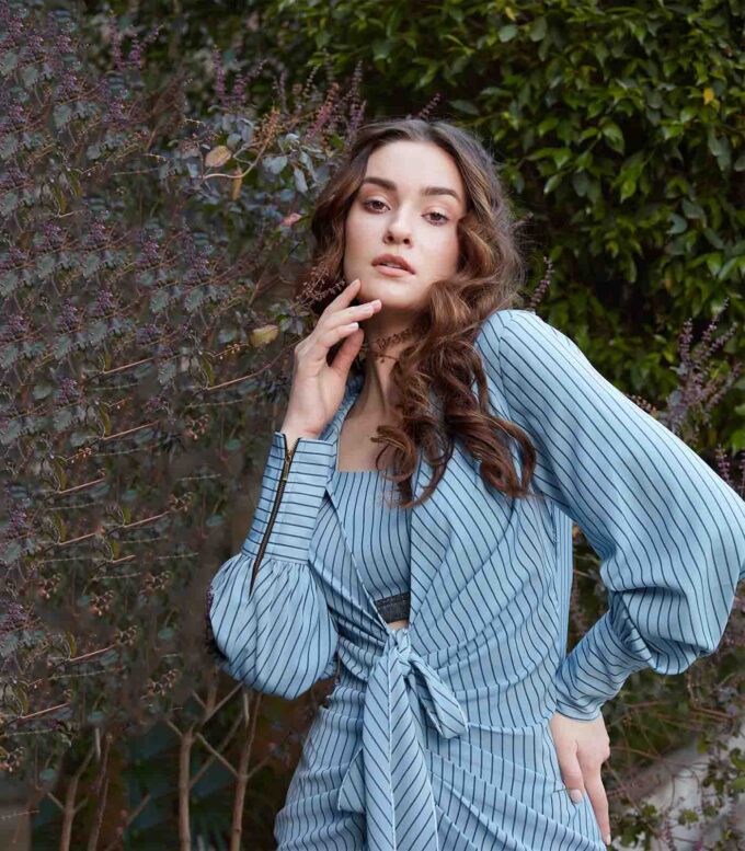 Sky Blue Pleated Striped Dress