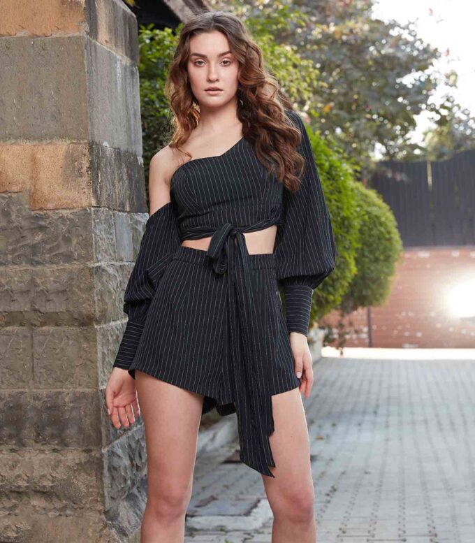 Charcoal Black Striped Off-Shoulder Top with Shorts