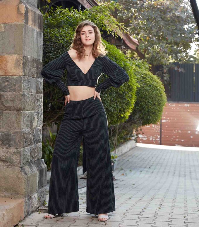 Charcoal Black Striped Crop Top with Palazzo Pants