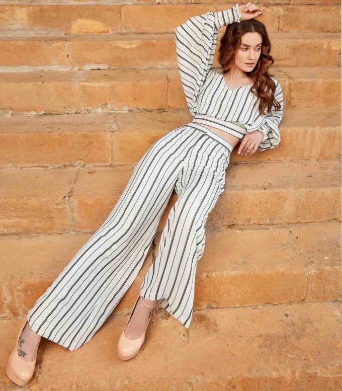 White & Black Striped Crop Top with Palazzo Pants