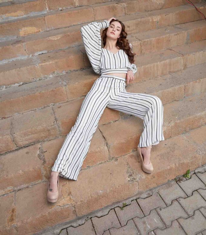 White & Black Striped Crop Top with Palazzo Pants