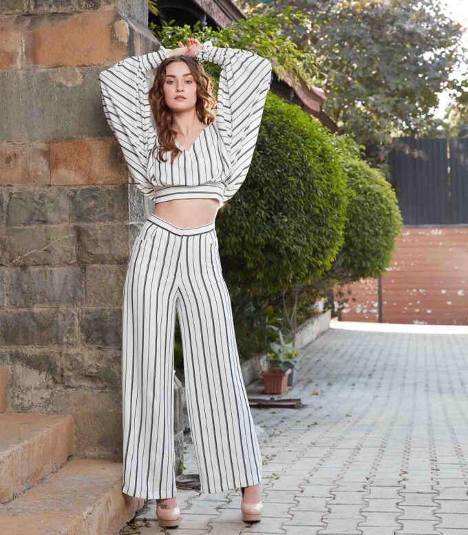 White & Black Striped Crop Top with Palazzo Pants