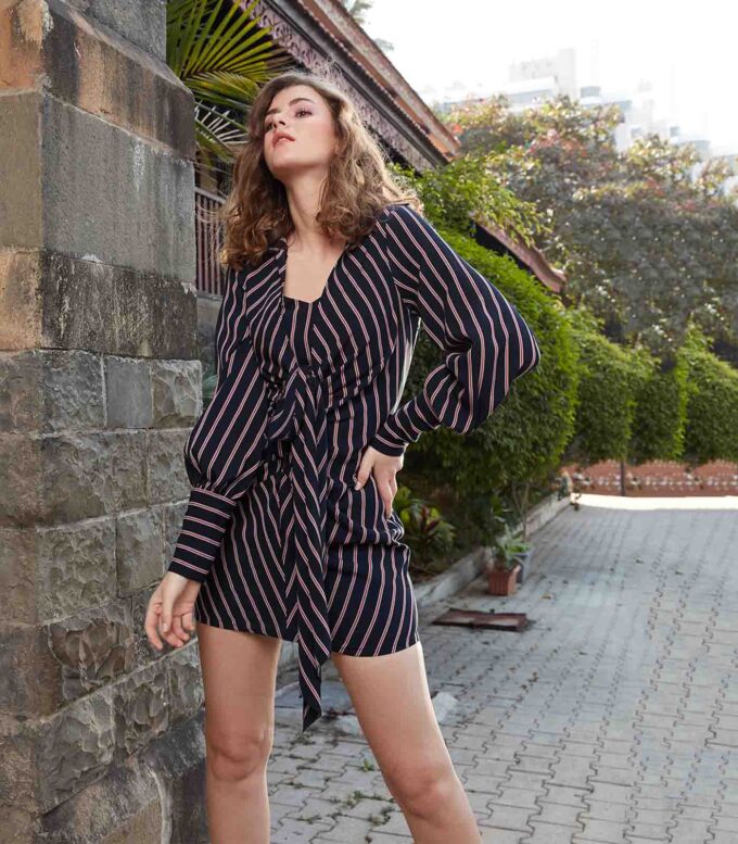 Black, White & Red Stripe Pleated Dress