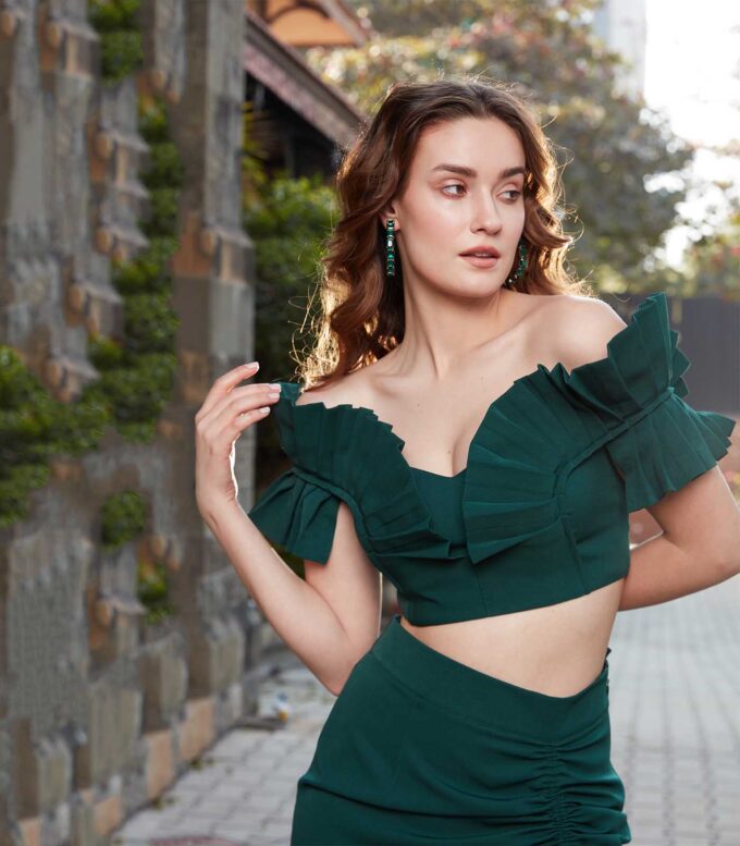 Forest Green Off-Shoulder Pleated Crop & Skirt