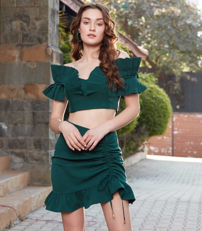 Forest Green Off-Shoulder Pleated Crop & Skirt