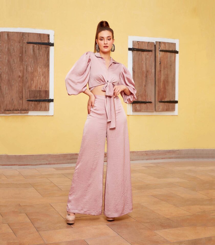 Mauve Pink Tie Up Crop with Palazzo