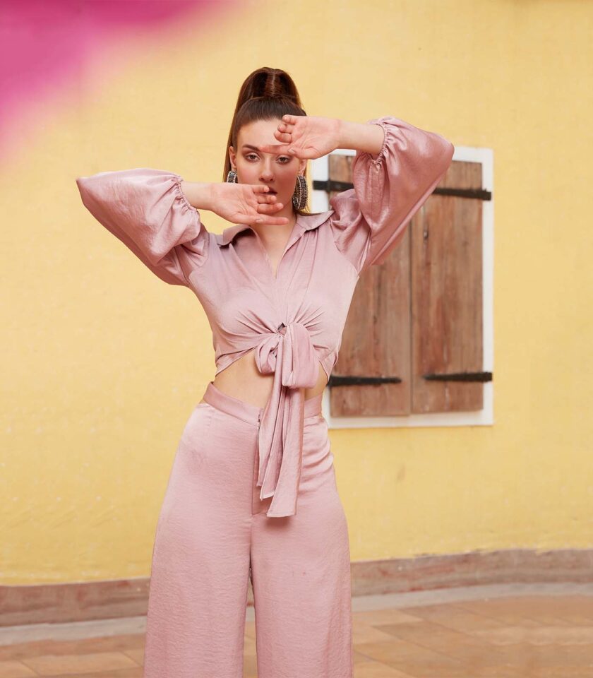Mauve Pink Tie Up Crop with Palazzo - Image 3