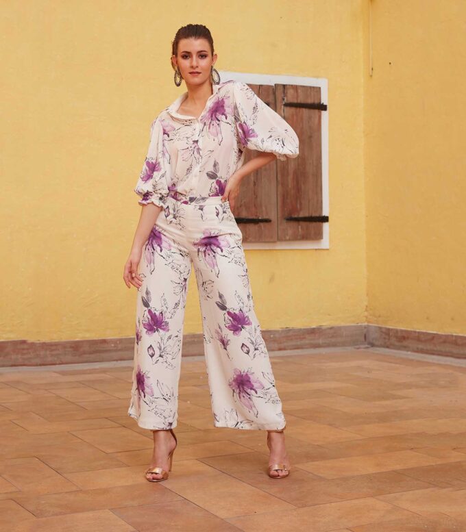 White & Purple Floral Print Shirt with Palazzo