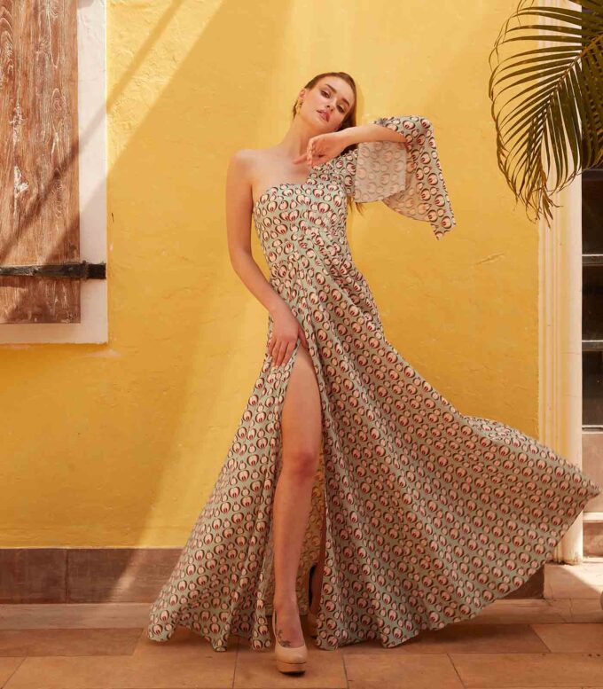 Sea Green Geometric Print One-Shoulder Dress