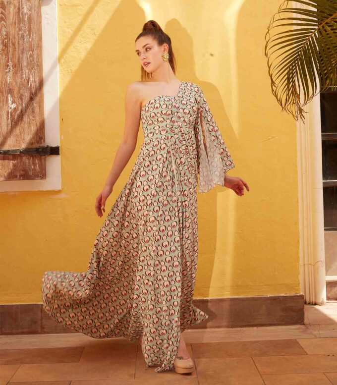 Sea Green Geometric Print One-Shoulder Dress