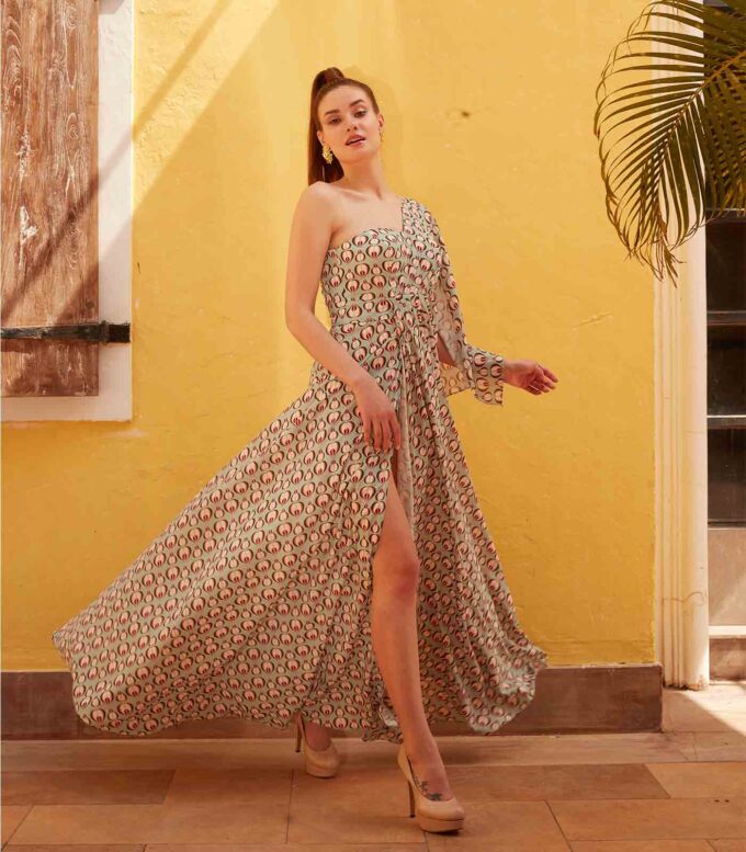 Sea Green Geometric Print One-Shoulder Dress