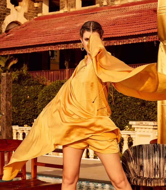 Mango Orange Cape Sleeve Top with Shorts